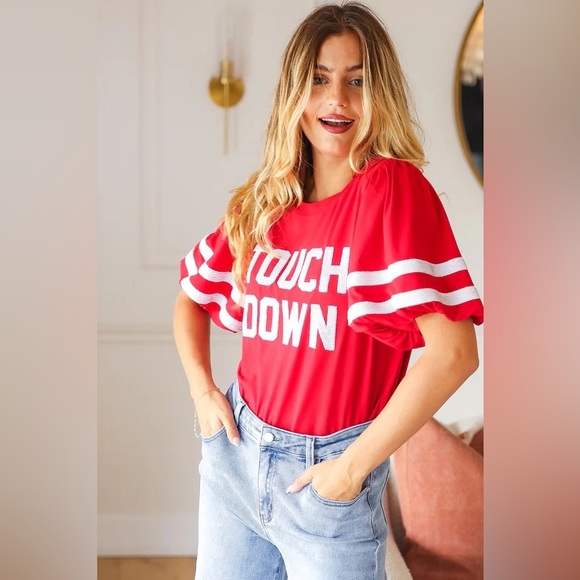 Stand Out Red "TOUCHDOWN" Sequin Bubble Sleeve Game Day Top - Picture 7 of 10
